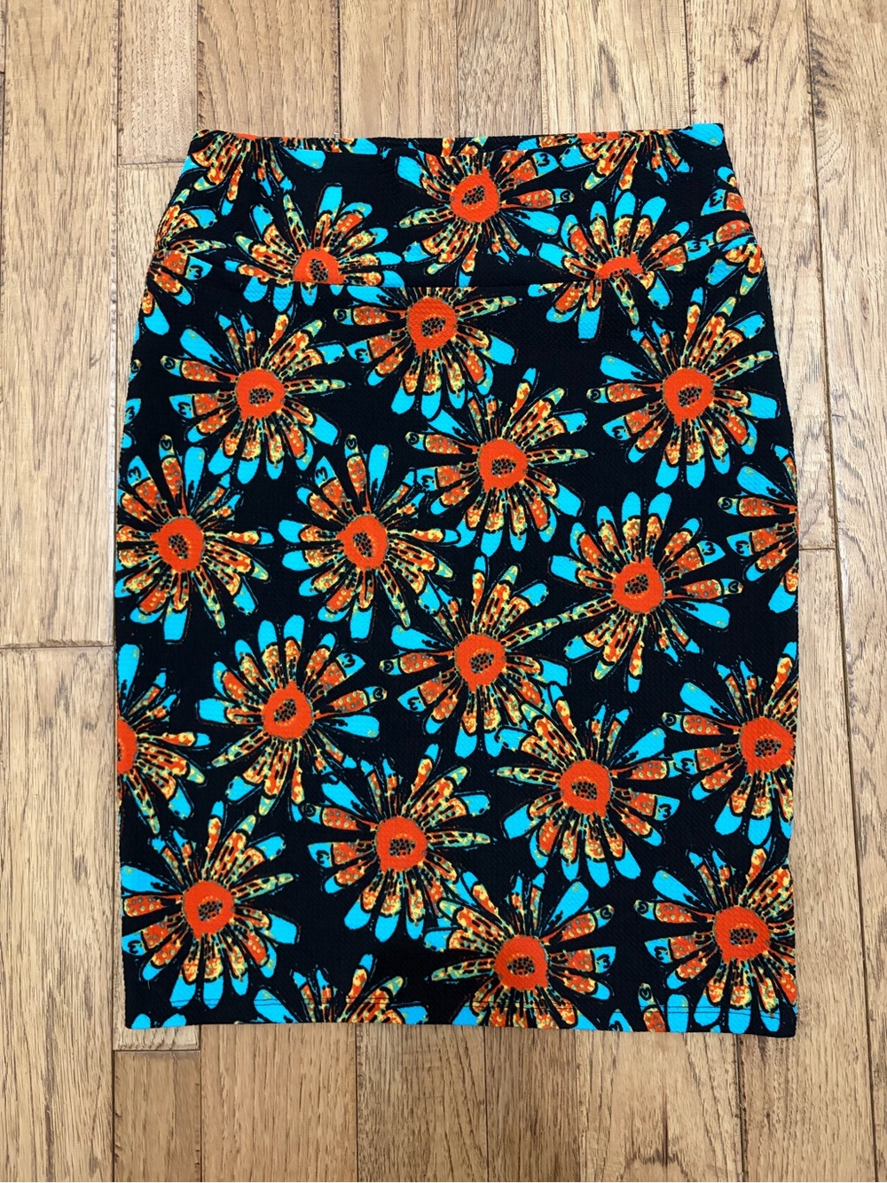 LuLaRoe Black Pencil Skirt with Orange & Turquoise Floral Print
